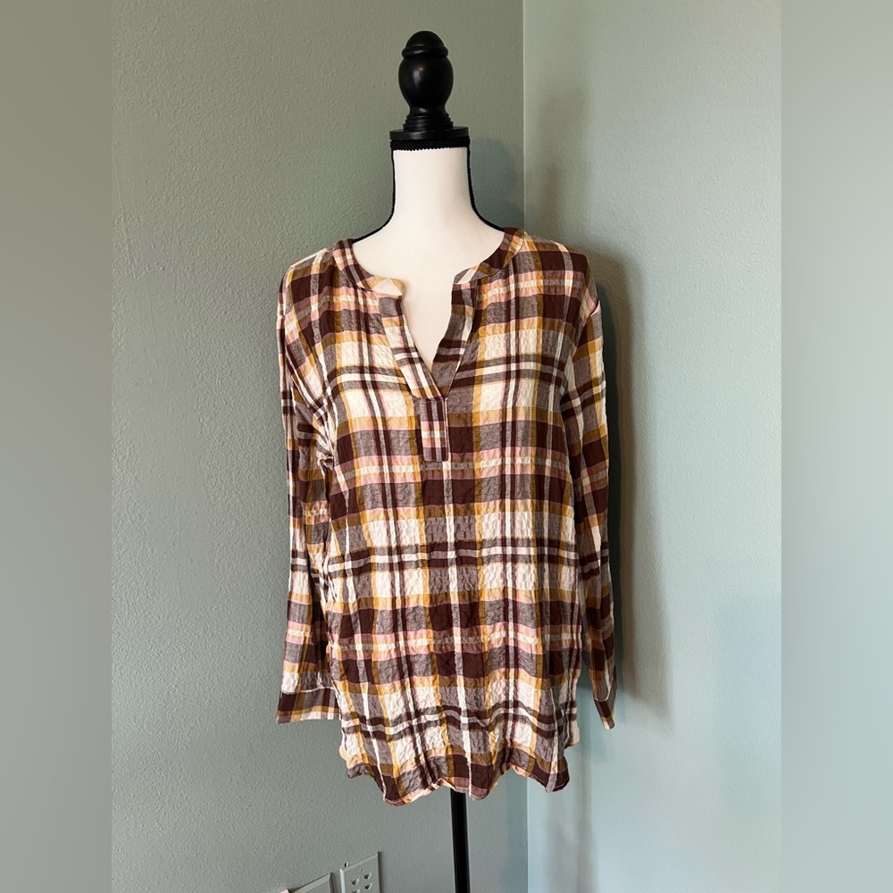 New jane and delancey women’s brown plaid shirt tunica top size M